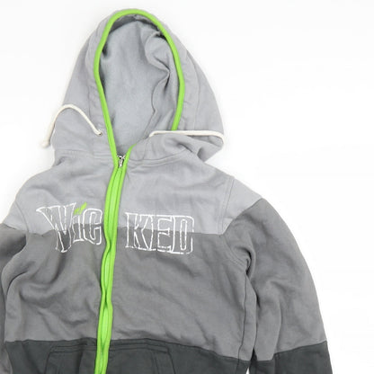 Close-up detail of green men’s grey pullover hoodie, size XS