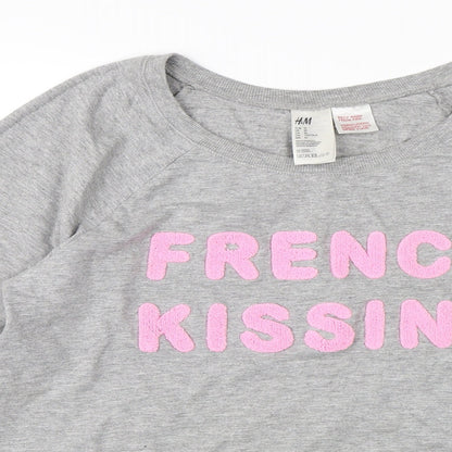 Close-up detail of H&M women’s grey pullover sweatshirt, size M