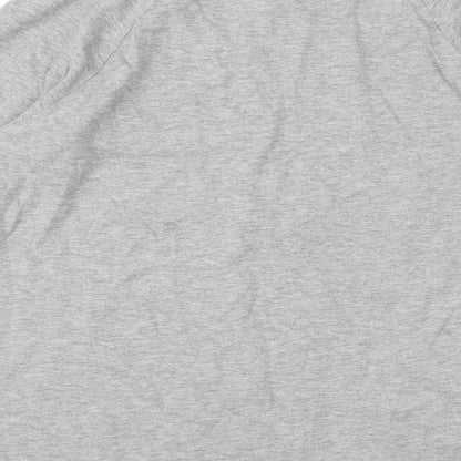 Brand and care label for H&M women’s grey pullover sweatshirt, size M