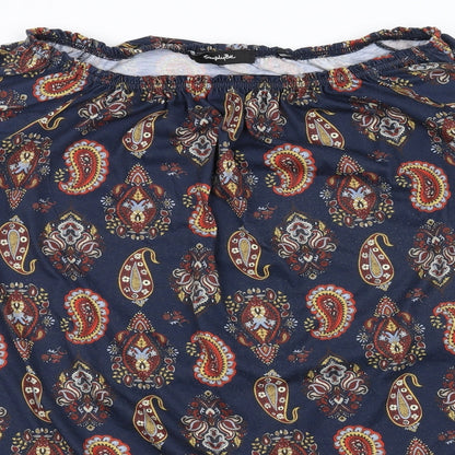 Close-up detail of Simply Be women’s blue floral basic blouse, size UK 12