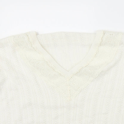 Close-up detail of TU women’s white jumper, size UK 12, - lace detail