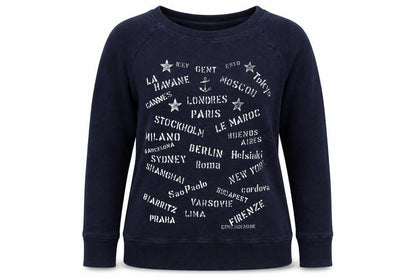 Front view of J Crew women’s blue pullover sweatshirt, size XS, - cities