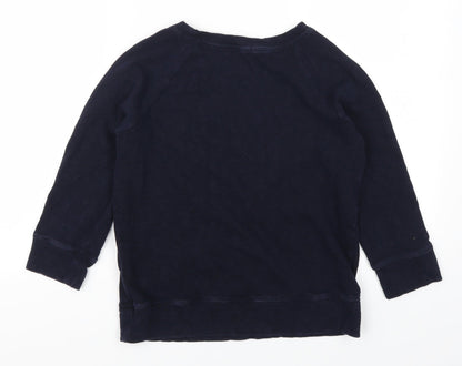 Back view of J Crew women’s blue pullover sweatshirt, size XS, - cities