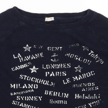 Close-up detail of J Crew women’s blue pullover sweatshirt, size XS, - cities