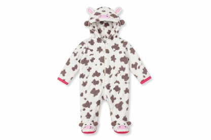 Front view of Early Days girls’ white animal print kaftan one piece, size 0-3, months - cow