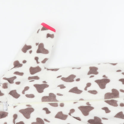 Close-up detail of Early Days girls’ white animal print kaftan one piece, size 0-3, months - cow