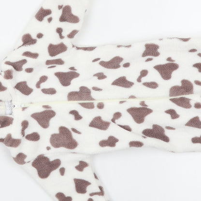 Brand and care label for Early Days girls’ white animal print kaftan one piece, size 0-3, months - cow