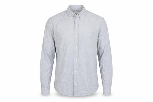 Front view of Gap men’s grey striped button-up, size M