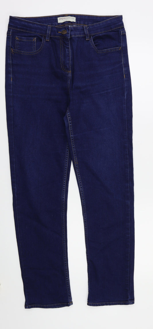 Front view of Papaya women’s blue skinny jeans, size UK 12, 28-inch leg