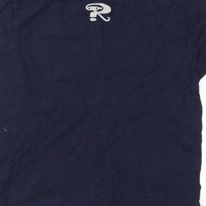 Brand and care label for Continental Clothing Co boys’ blue jersey basic t-shirt, size S