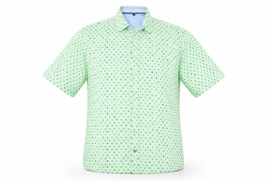 Front view of Olymp men’s green geometric button-up, size L