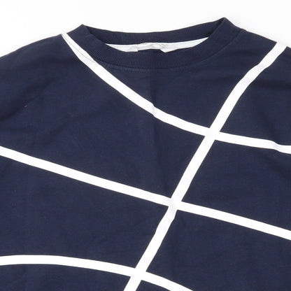 Close-up detail of H&M girls’ blue pullover sweatshirt, size 13-14, years