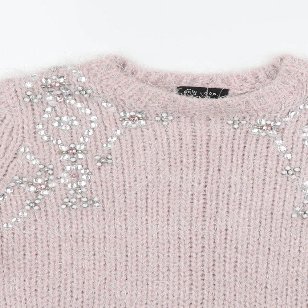 New Look Womens Pink  Knit Pullover Jumper Size 10  - Embelished Neckline