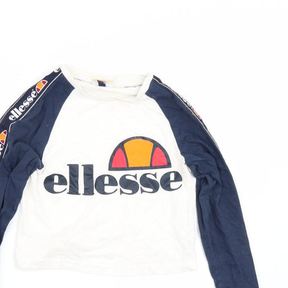 Close-up detail of Ellesse women’s white basic t-shirt, size UK 4