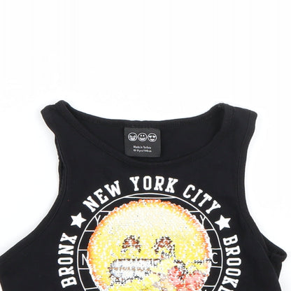 Close-up detail of NYC girls’ black basic tank, size 10-11, years