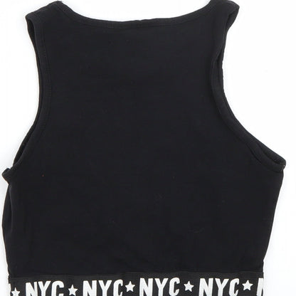 Brand and care label for NYC girls’ black basic tank, size 10-11, years