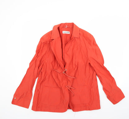 Front view of laura lebek women’s orange anorak coat, size UK 18