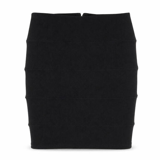Front view of Preworn women’s black mini skirt, size UK 8