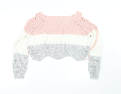 Back view of quix girls’ white striped jumper, size S