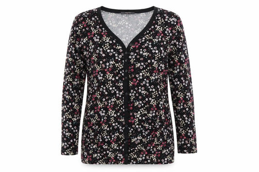 Front view of STUDIO BASICS women’s black floral cardigan jumper, size UK 8