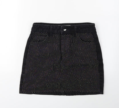 Additional front view of Topshop women’s black denim mini skirt, size UK 8