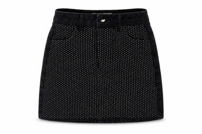 Front view of Topshop women’s black denim mini skirt, size UK 8