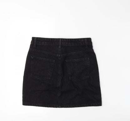 Back view of Topshop women’s black denim mini skirt, size UK 8