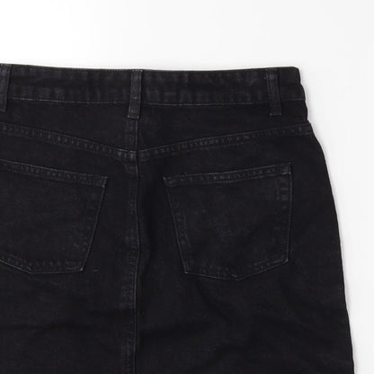 Brand and care label for Topshop women’s black denim mini skirt, size UK 8
