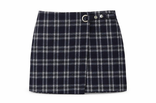 Front view of Preworn women’s blue check mini skirt, size UK 27, in