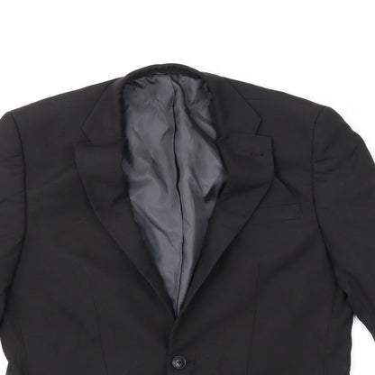 Close-up detail of Greenwoods men’s black jacket suit jacket