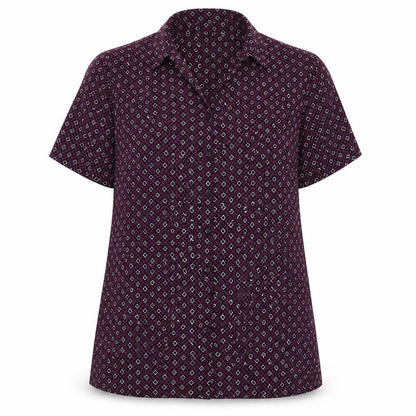Front view of Vortex women’s purple geometric basic button-up, size UK 14