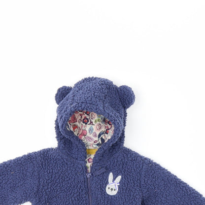 Close-up detail of Next girls’ blue fleece jacket, size 0-3, months - rabbit