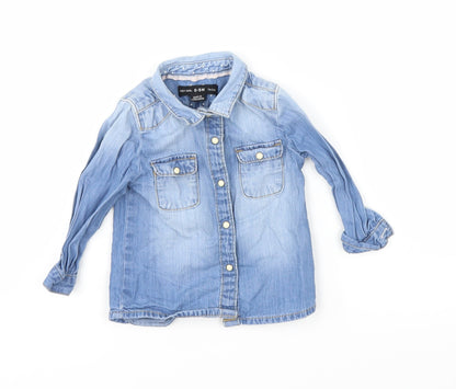 Front view of Primark girls’ blue denim basic button-up, size 6-9, months