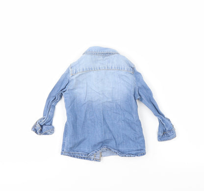 Back view of Primark girls’ blue denim basic button-up, size 6-9, months