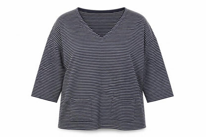 Front view of Easy women’s blue striped basic t-shirt, size S
