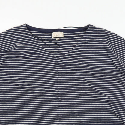 Close-up detail of Easy women’s blue striped basic t-shirt, size S