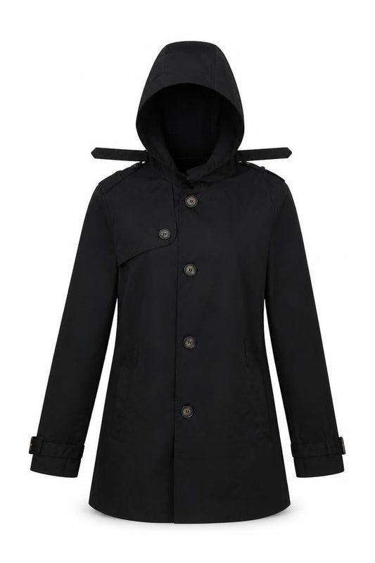 Front view of H&M women’s black overcoat coat, size S