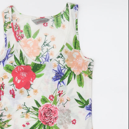 Close-up detail of dorophy perkins women’s white floral basic tank, size UK 6