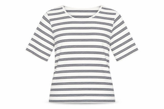 Front view of Swell women’s white striped basic t-shirt, size UK 12