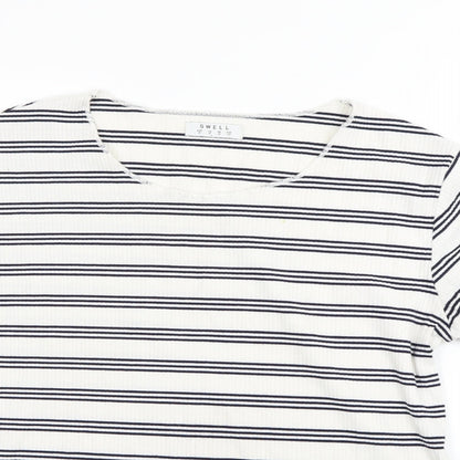 Close-up detail of Swell women’s white striped basic t-shirt, size UK 12
