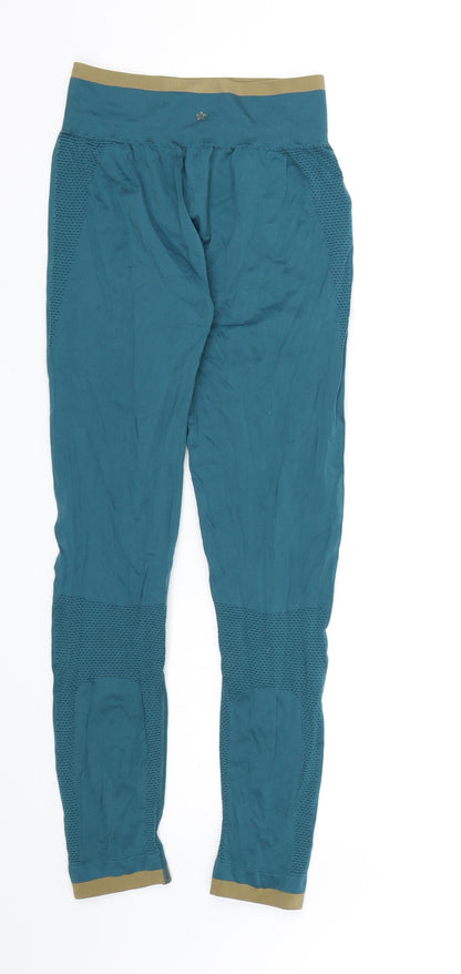 Additional front view of Preworn women’s blue compression leggings, 27-inch leg