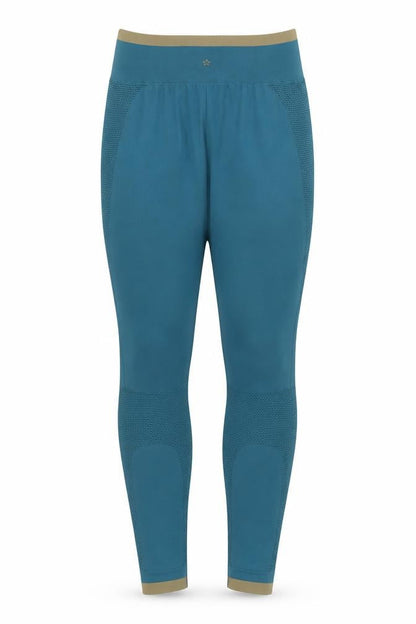 Front view of Preworn women’s blue compression leggings, 27-inch leg