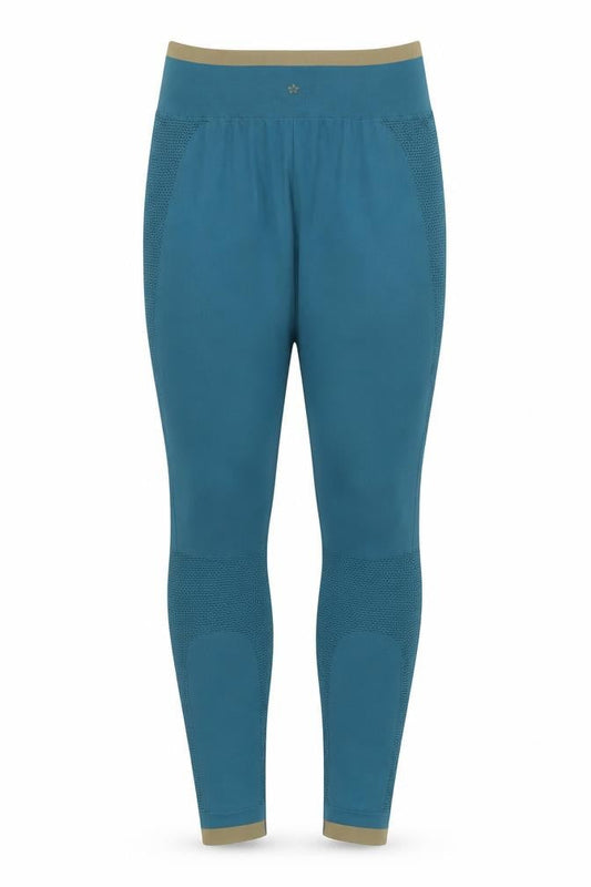 Front view of Preworn women’s blue compression leggings, 27-inch leg