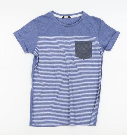 Front view of Asda George boys’ blue striped basic polo, size 9-10, years