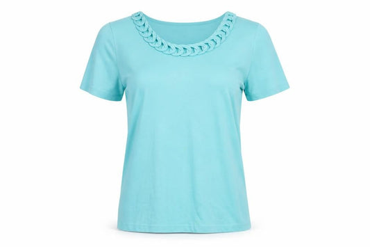 Front view of pre worn women’s blue basic t-shirt, size M