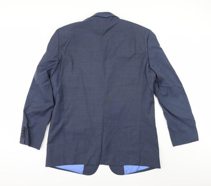 Back view of COMMUTER SUITS men’s blue herringbone jacket suit, size 44