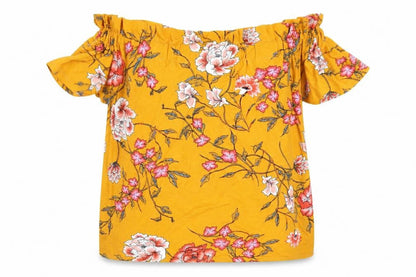 Front view of Primark women’s yellow floral basic blouse, size UK 10