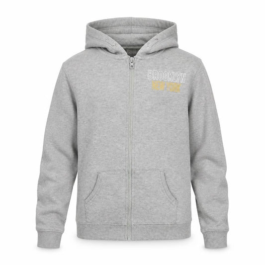 Front view of Brooklyn boys’ grey full zip hoodie, size 12-13, years