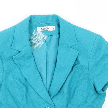 Close-up detail of M&Co women’s blue jacket, size UK 14