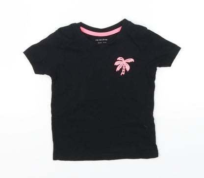 Front view of Primark girls’ black basic t-shirt, size 18-24, months - palm tree